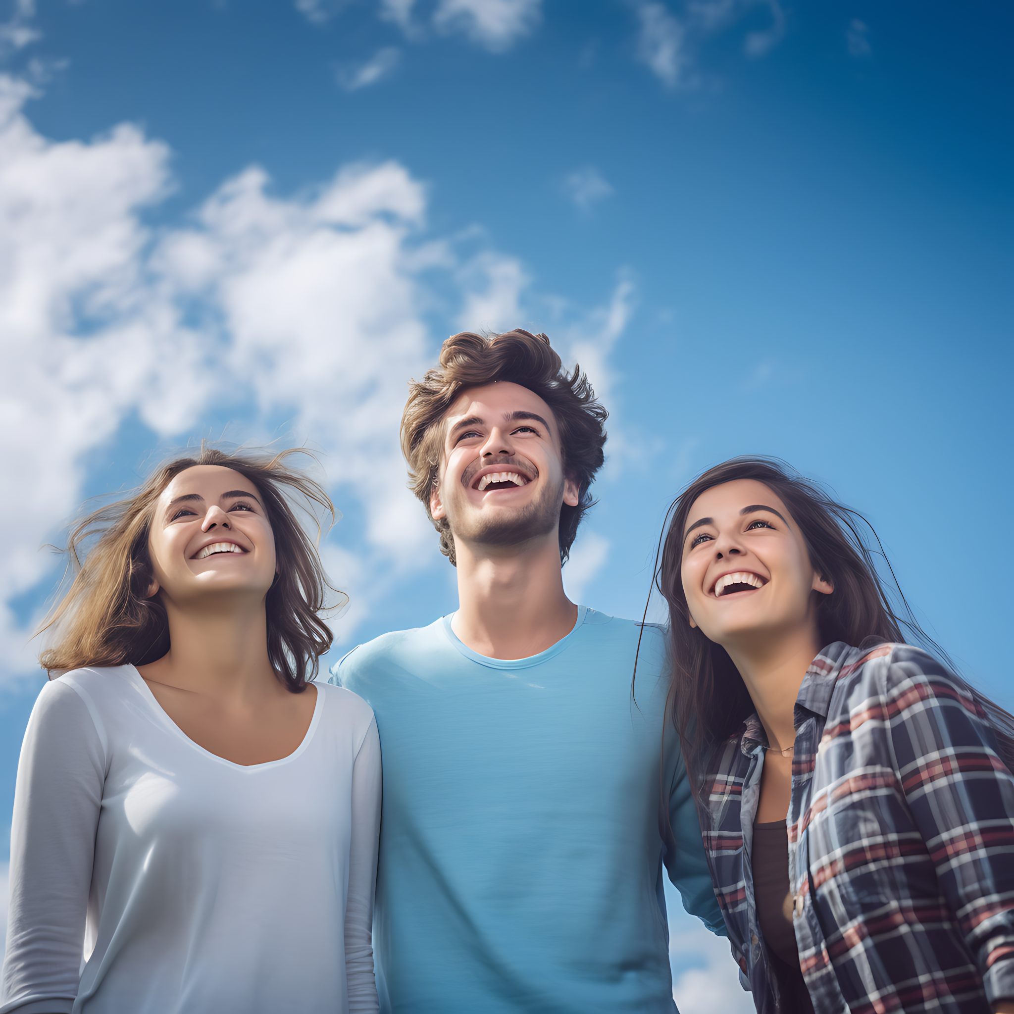 three people standing next to each other smiling and looking up
